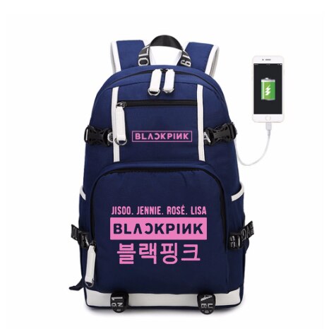 WISHOT KPOP, mochila coreana Blackpink Jennie Lis, mochila de hombro, bolsa de viaje para la escuela para adolescentes, bolsas casuales de carga USB para ordenador portátil: blue7