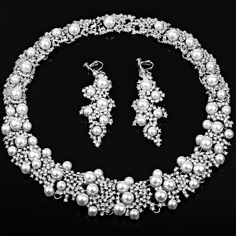 Charmante Bruid Verse Parel Sieraden Set Strass Kettingen Stud Oorbellen Set Luxe Kostuum Sieraden Accessoire Voor Vrouwen