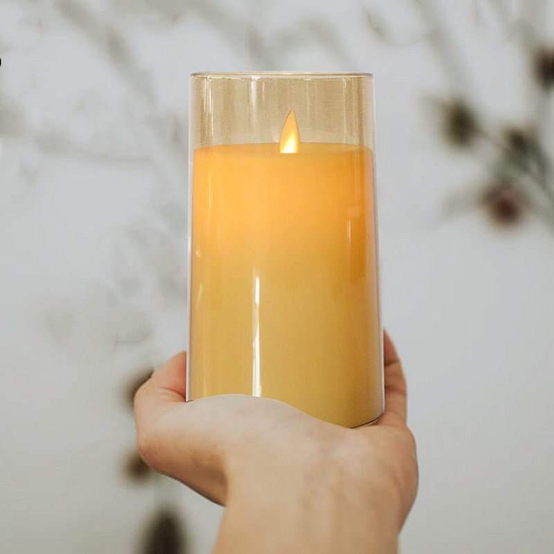 Battery operated Flameless Led Glass Candle Flickering Remote control w/Timer Moving Swing wick Home Bar Party Decoration-Amber