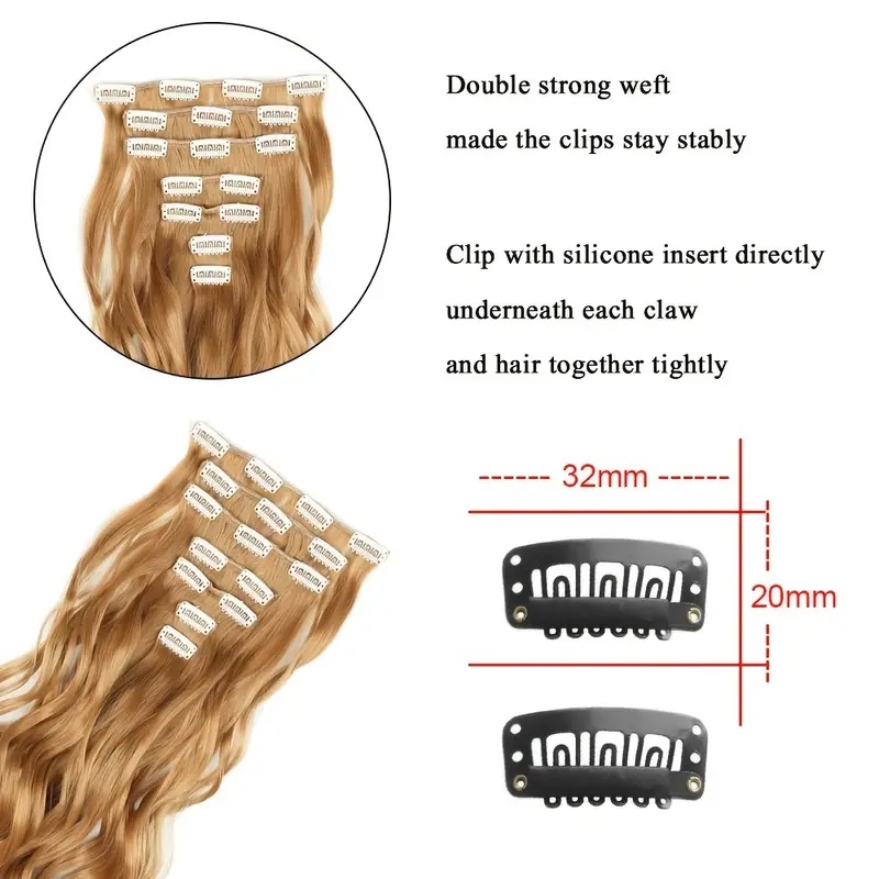 Extensiones de cabello con Clip, 7 Uds., cabeza completa, 22 pulgadas de largo, rizado, ondulado, sintético, Ondulado Natural para mujeres y niñas