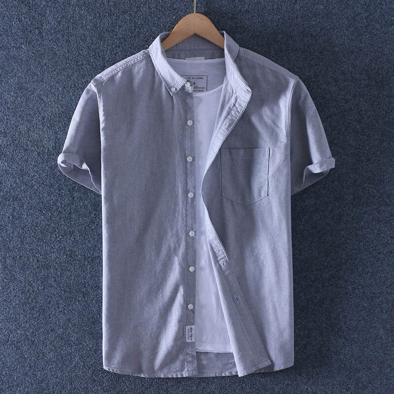 Schinteon Mannen Zomer Oxford Korte Mouwen Casual Slim Shirt 100% Katoenen Shirts Turn-Down Kraag: Grey / XXXL(Asian Size)