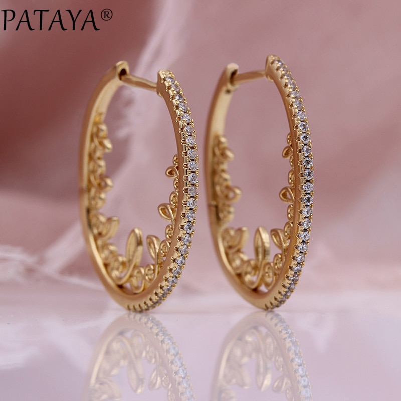 PATAYA Neue Hohle Spitze Kreis Tropfen Ohrringe Frauen Partei Feine Schmuck 585 Rose Gold Weiß Natürliche Zirkon Hochzeit Ohrringe
