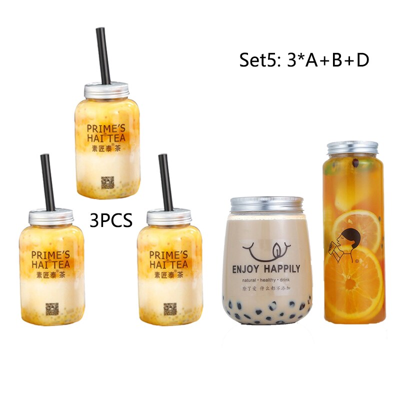500ml plastic drinkflessen met aluminium deksels, wegwerpflessen met doorzichtige drank en water, brede hals voor snoep en thee.: Set 5