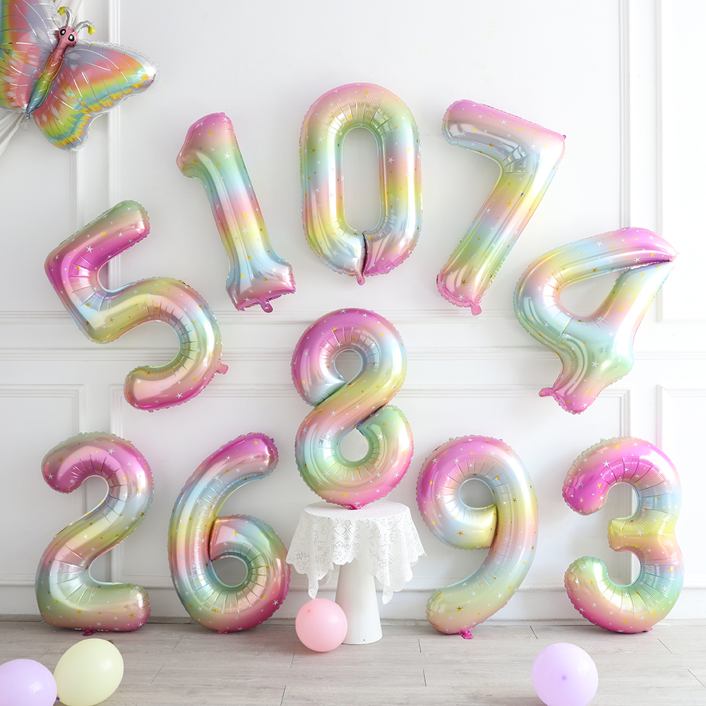 40 pulgadas 1 2 3 4 5 Globo grande con número de estrella arcoíris Globos de helio de aluminio coloridos degradados Globos de decoración para de cumpleaños para niñas Globos