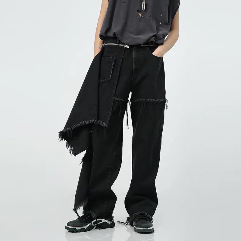 Falda desmontable Harajuku, pantalón vaquero suelto para hombres y mujeres, ropa de calle, pantalones vaqueros rasgados de pierna ancha lavados, pantalones holgados Hip Hop
