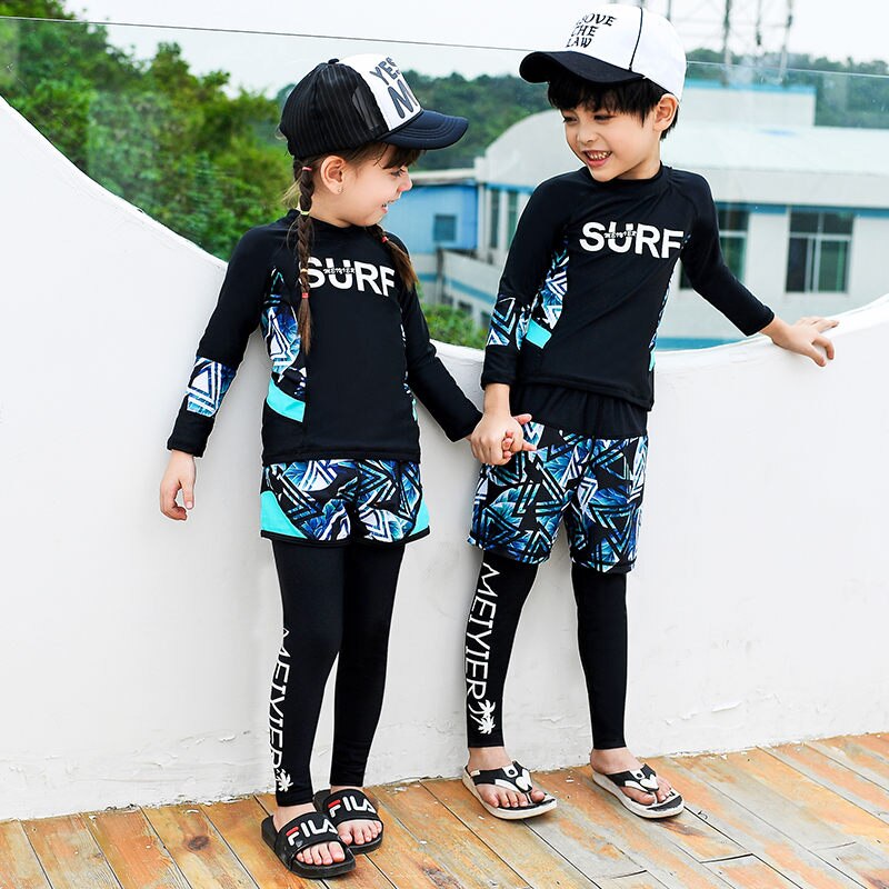 Long Sleeve Swimming Suit For Kids UPF 50+ Boys Girl Beach Sport Patchwork Bathing Sets Sun Protective Wetsuit Sport Clothes