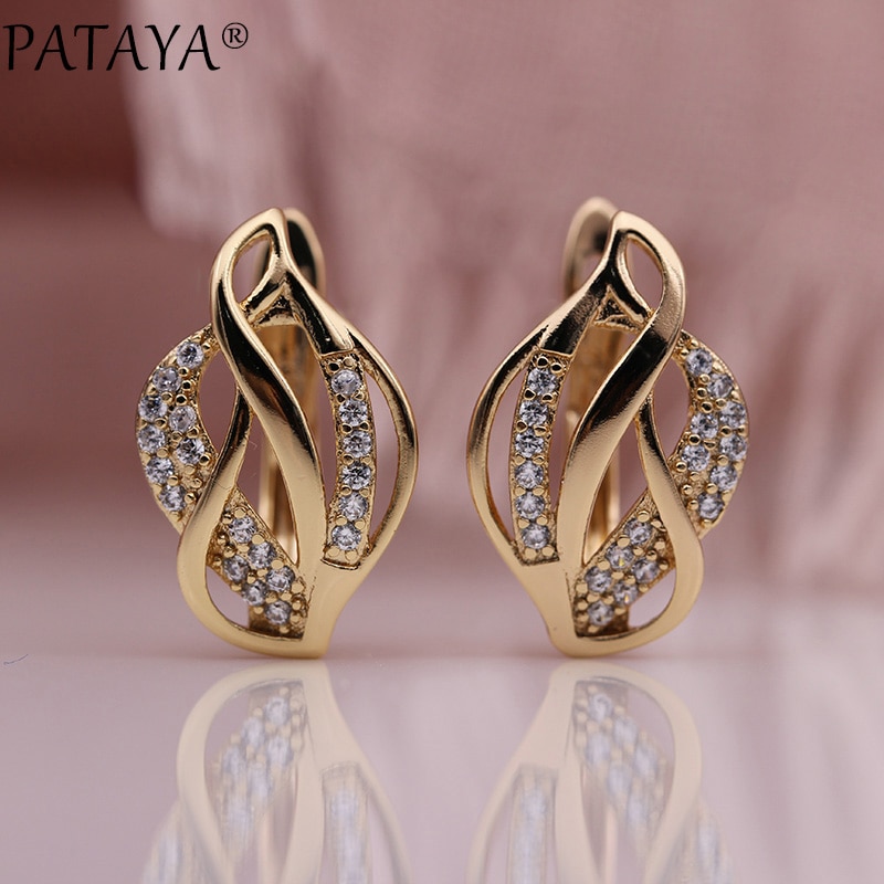 PATAYA Leaf Shape Hollow Earring 585 Rose Gold Women Cute Fine Party Jewelry White Round Natural Zircon Earring