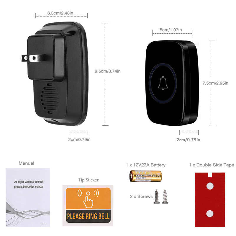 Wireless Doorbell Ring Door Bell Chime Kit Waterproof 2 Plug in Receiver and 1 Battery