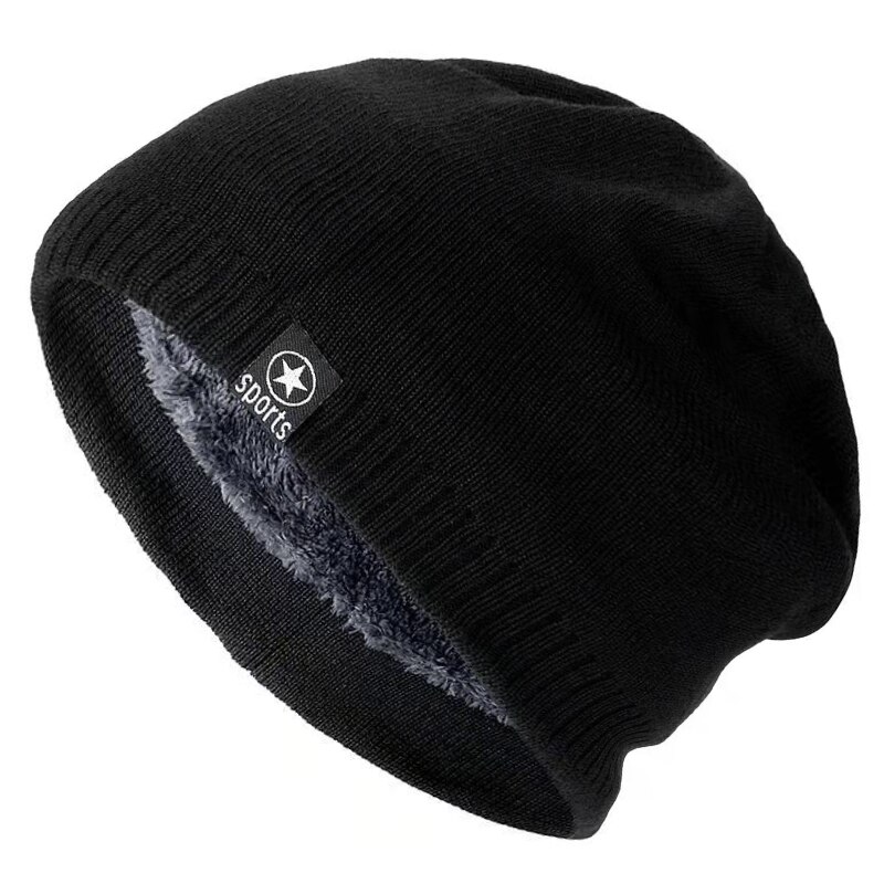 Vinter hatte til mænd ensfarvet strikket hat stjerne sport uld beanie vinter varm behagelig hat udendørs tykke varme hatte: Sort