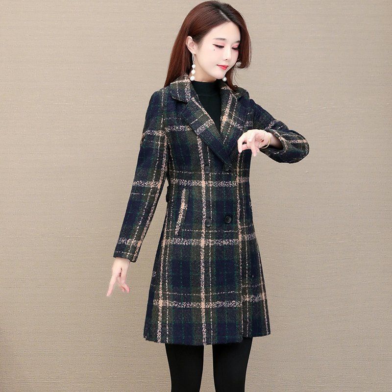 Vrouwen Wollen Jas Mid-Lengte Dubbele-Breasted Slim Plaid Jas Herfst Blended Tweed Wollen Doek bovenkleding Vrouwelijke