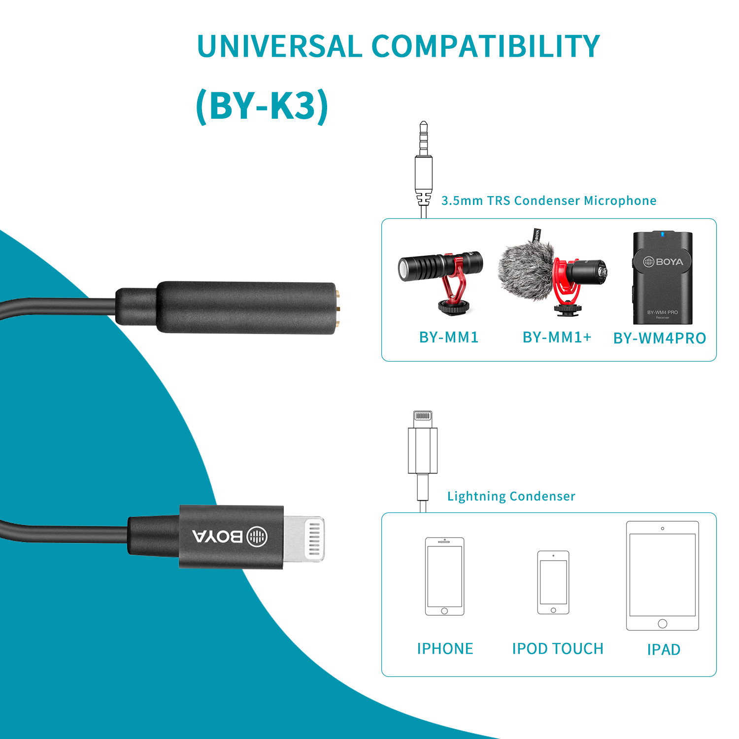 Boya BY-K3 microfone adaptador de áudio cabo 3.5mm trrs fêmea para mfi certificado relâmpago para iphone ipad ipod touch ios dispositivos
