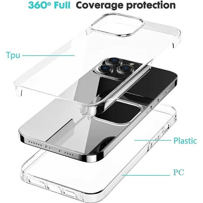 Funda de cuerpo completo para iPhone, carcasa transparente de silicona TPU de doble cara, suave, 360, 15, 14 Pro Max, 13, 12 Pro, 11 XS