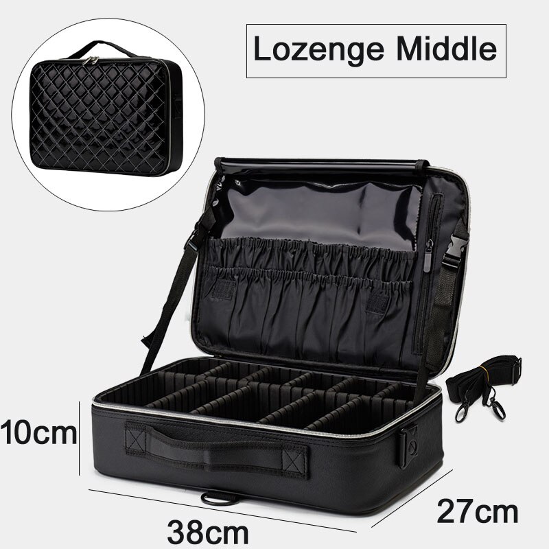 Borsa per trucco da viaggio in pelle PU da donna organizzatore professionale per la conservazione di cosmetici custodia per valigia per estetista: Lozenge Middle Size