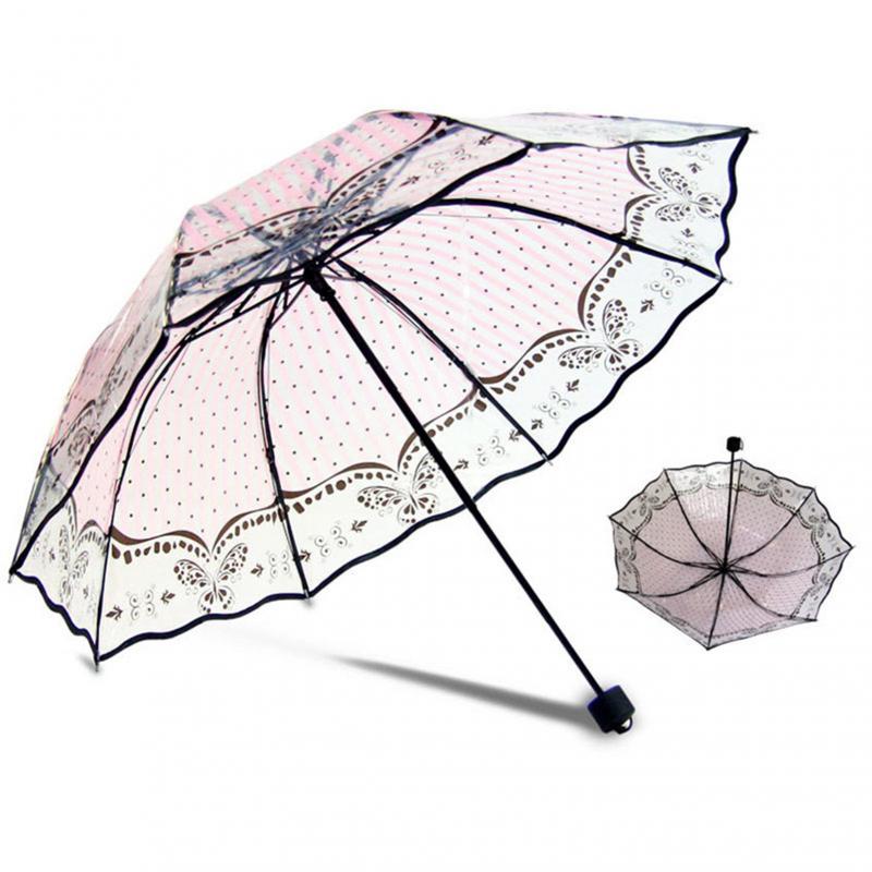 Paraguas de lluvia Multicolor para mujer, sombrilla transparente con estampado de flores de cerezo, mariposa Sakura, tres pliegues, 1 unidad