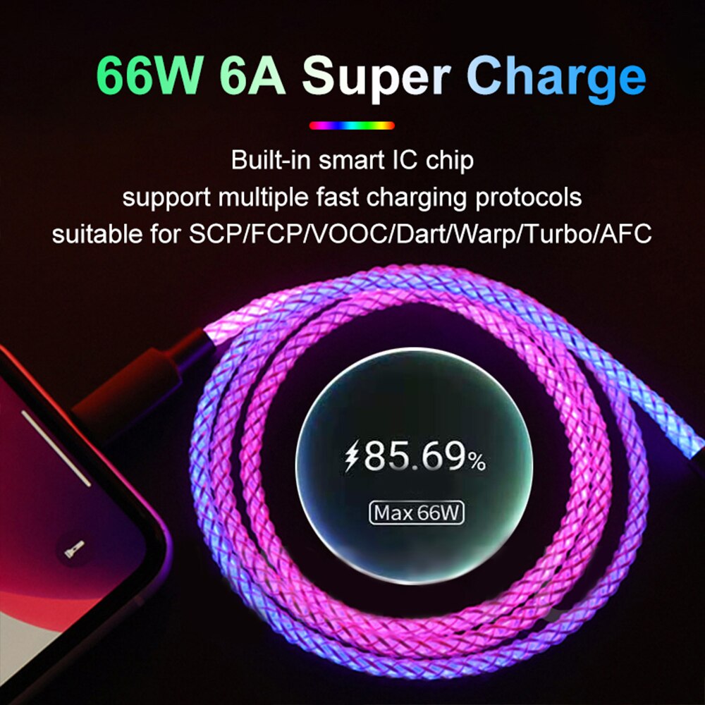 66W 6A Super Charge Soort C Kabel Led Rgb Gradiënt Licht Snel Opladen Usb C Draad Voor Iphone Huawei xiaomi Type-C Gloeiende Lijn