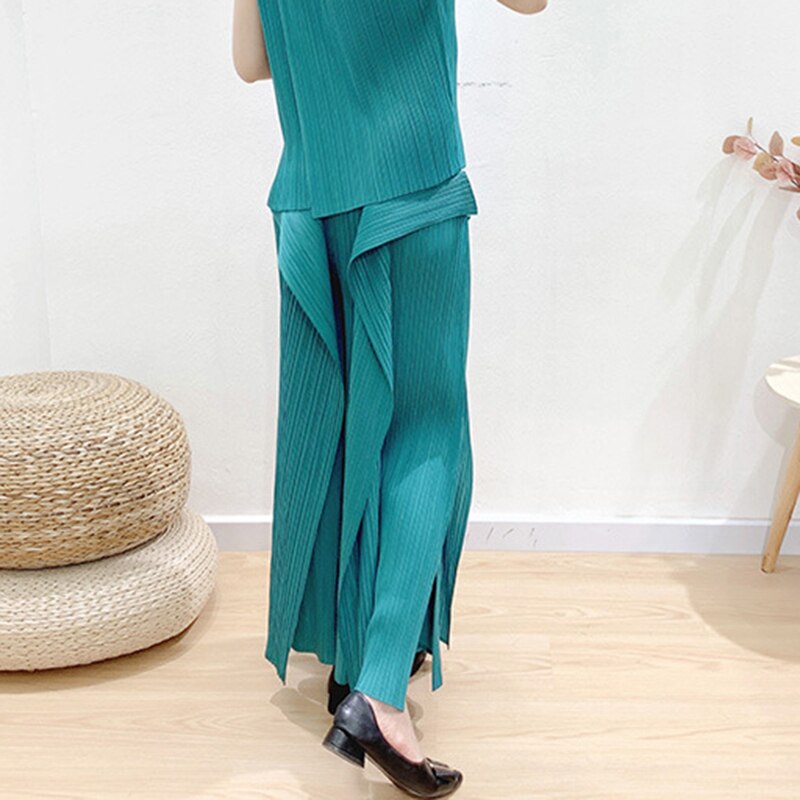 CHICEVER-Pantalones lisos de cintura alta para mujer, pantalón informal, liso de talla grande, fruncido, de pierna ancha, ropa de , estilo
