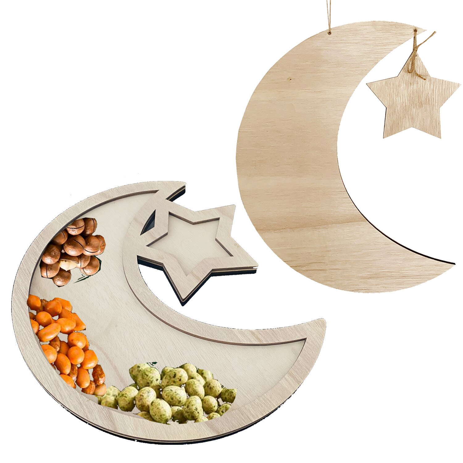 Ramadan Moon Shaped Wooden Decorations Eid Al Fitr Crafts Ornaments Southeast Asian Home Snack Dessert Pastry Serving Tray