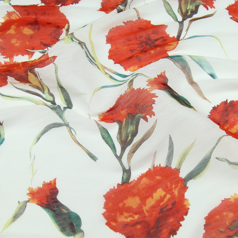 Red floral pattern print silk and linen blended fabric 13momme 55" width by yard,SLN072
