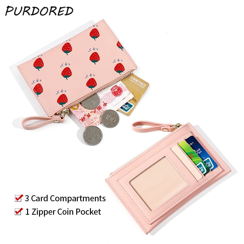 PURDORED 1 Pc Cute Women Card Holder Small Fruit Patterns Credit Card Case PU Female Minimalist Zipper Mini Coin Purse Wallet