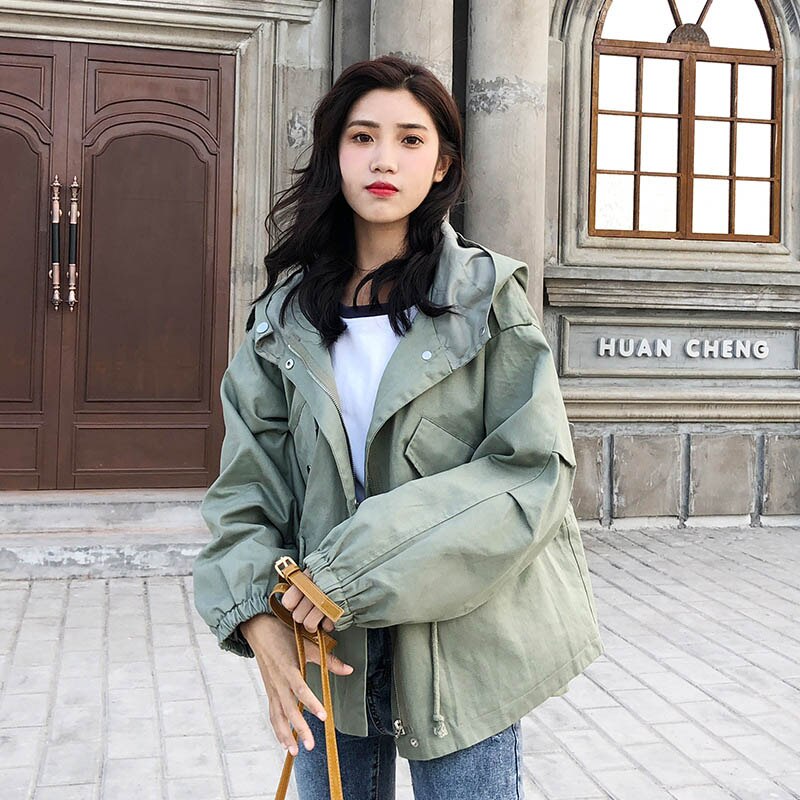 Loose Trend Trench Coat Spring Autumn Women's Hooded Harajuku Short Section Windbreaker Outerwear Female Casual Trench Coat