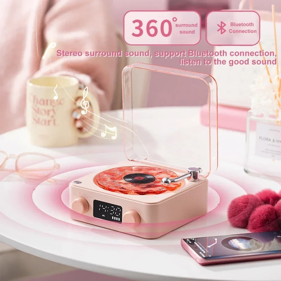 Boxă bluetooth cu player de vinil waves și zgomot alb, platan retro, ajutor pentru somn, difuzor în formă de vitrola cu lumină rgb