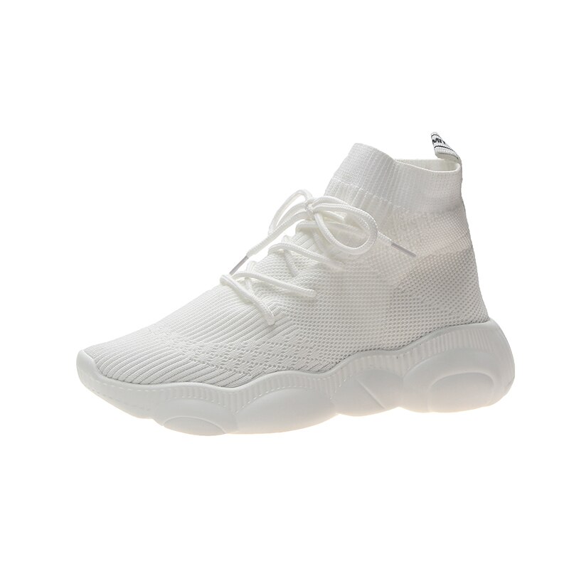 Svart vit stickad hög plattform sneakers tjock sula strumpa sneakers dam skor mjuk sula som andas fritidsskor kvinnor: Vit / 35