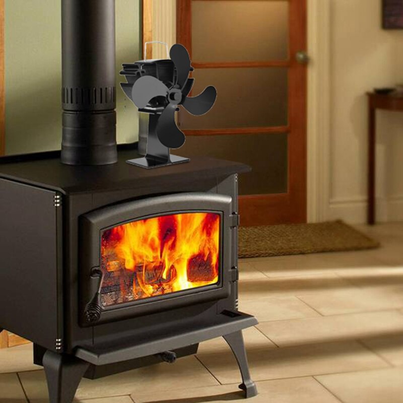 Built-in de Temperatura Lareira Fogão Alimentado Ventilador de Calor com Ventilador para Ventilador De Madeira Fogão Queimador de Madeira Log 4 Blade, Preto