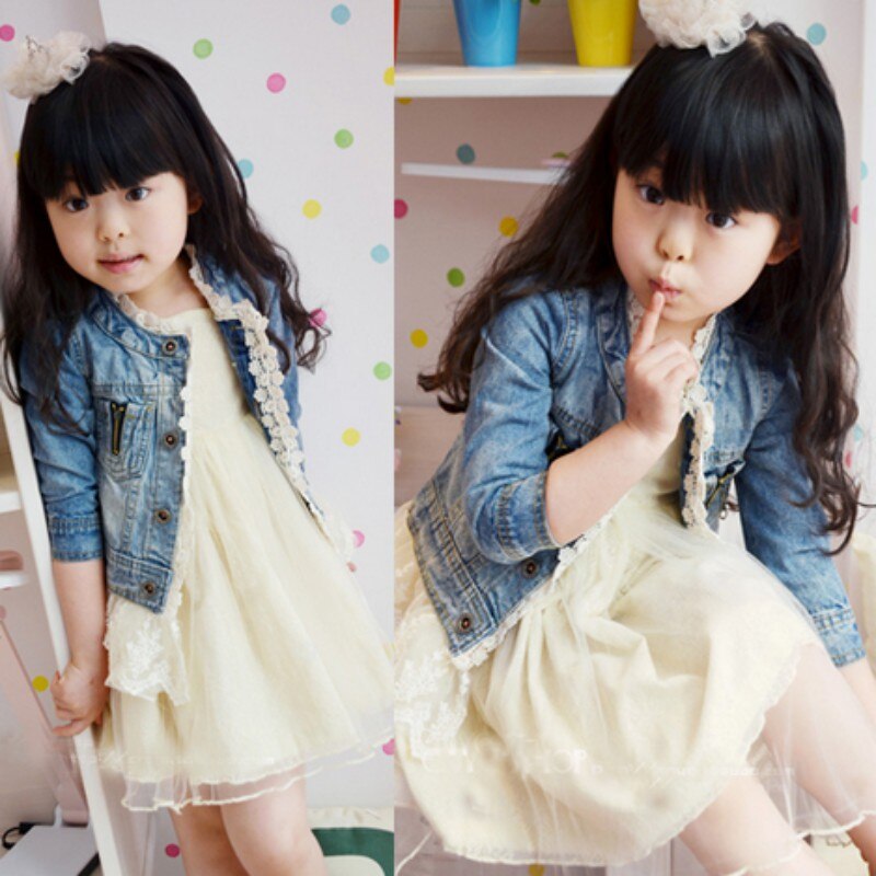 Kids Kant Denim Jas Lente Lace Cowboy Jacket Denim Top Button Jean Jas Lange Mouw Pak Suits Kinderkleding