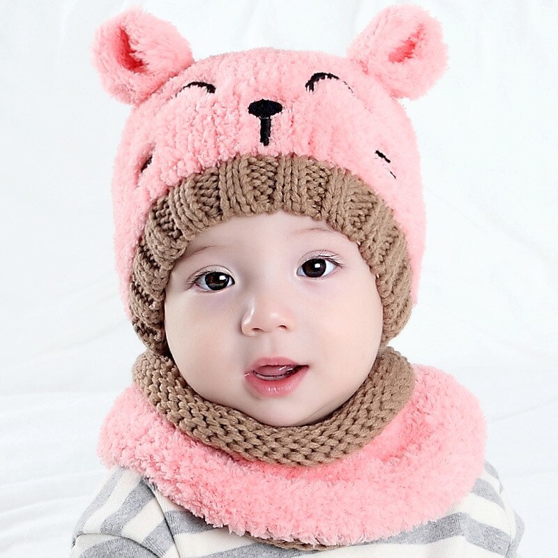 Gorro cálido de invierno para niño y niña, conjunto de bufanda, sombreros de lana tejidos para niña, gorro de gato de dibujos animados, gorrito para niño, gorro para niño: Rosa