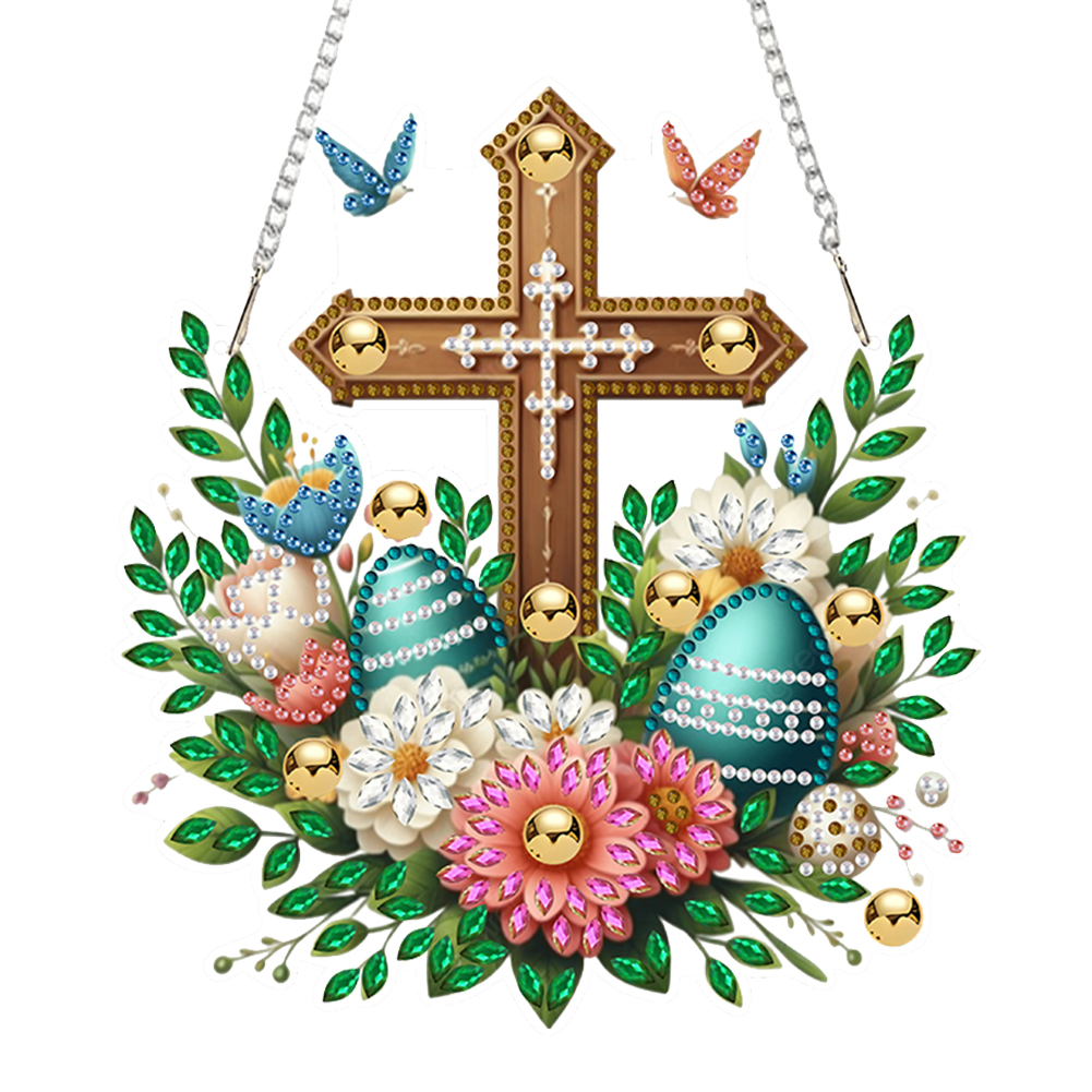 Flowers Cross Diamond Art Hanging Pendant Diamond Painting Home Decor Rhinestone Diamond Art Window Pendants for Window Decor