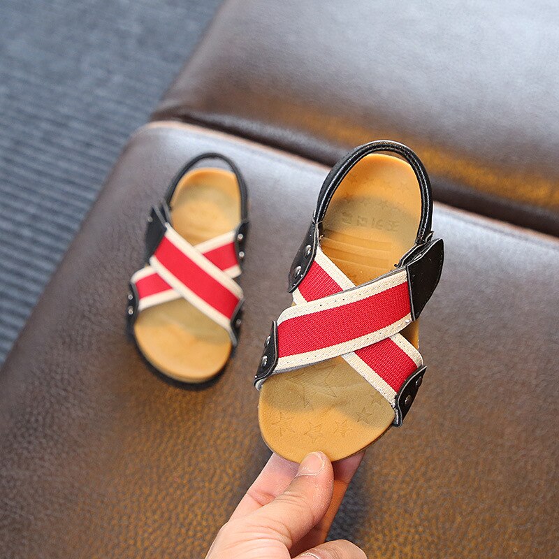2022 Summer Boys Kids Sandals Korean Style Girls Casual Beach PU Soft First Walker Shoes Open-toe Children Versatile: Red / 21