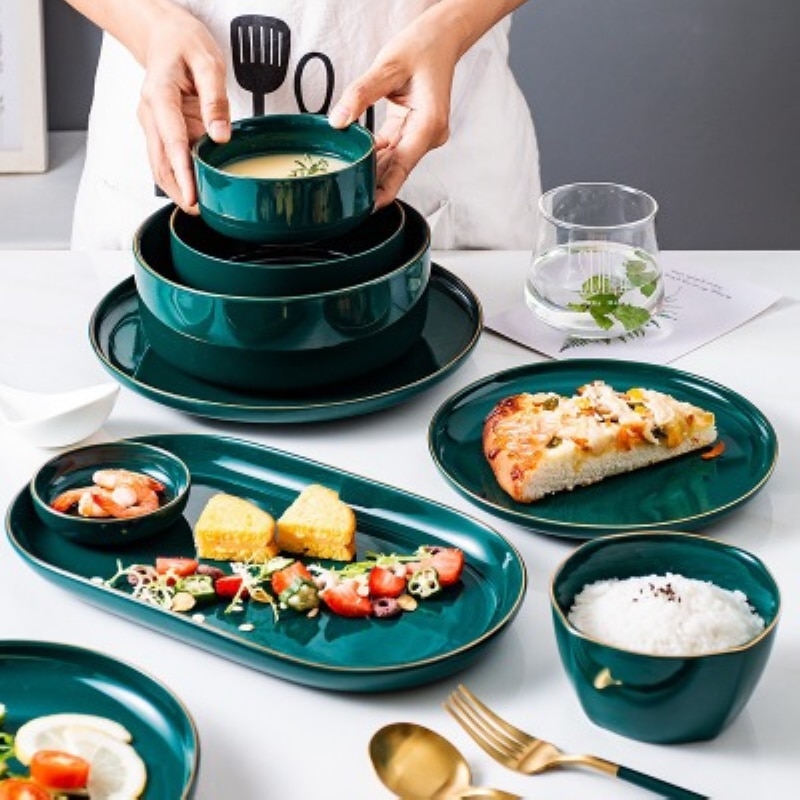 Smaragdgrøn keramik guld indlæg western mad bøf pasta fiske tallerken fad salat suppe ris skål krydderi fad porcelæn bordkrig