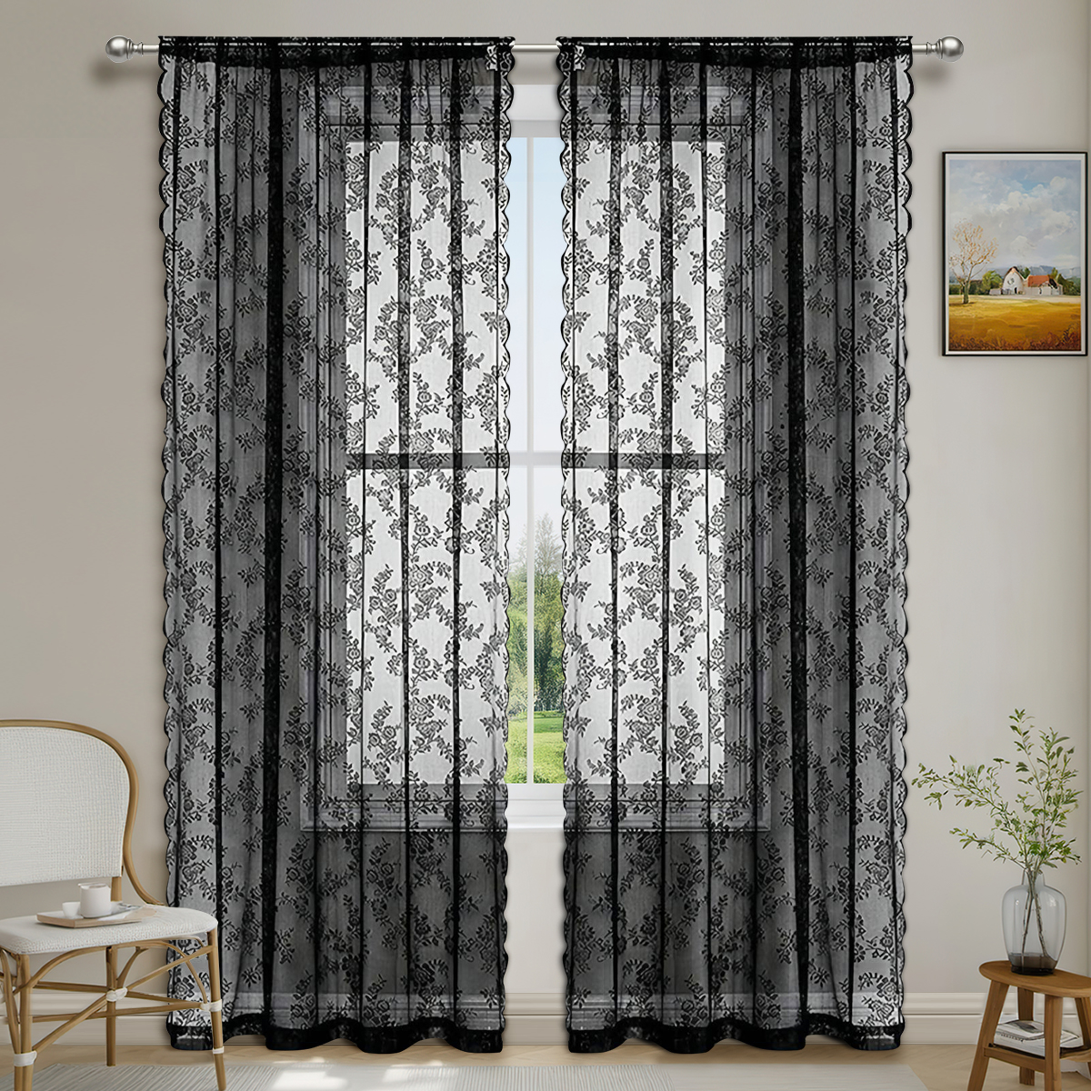 1pc Rose Pattern Single Panel Sheer Curtain, Embroidered Solid Lace Curtains for Home Decor, Window Screen Curtains