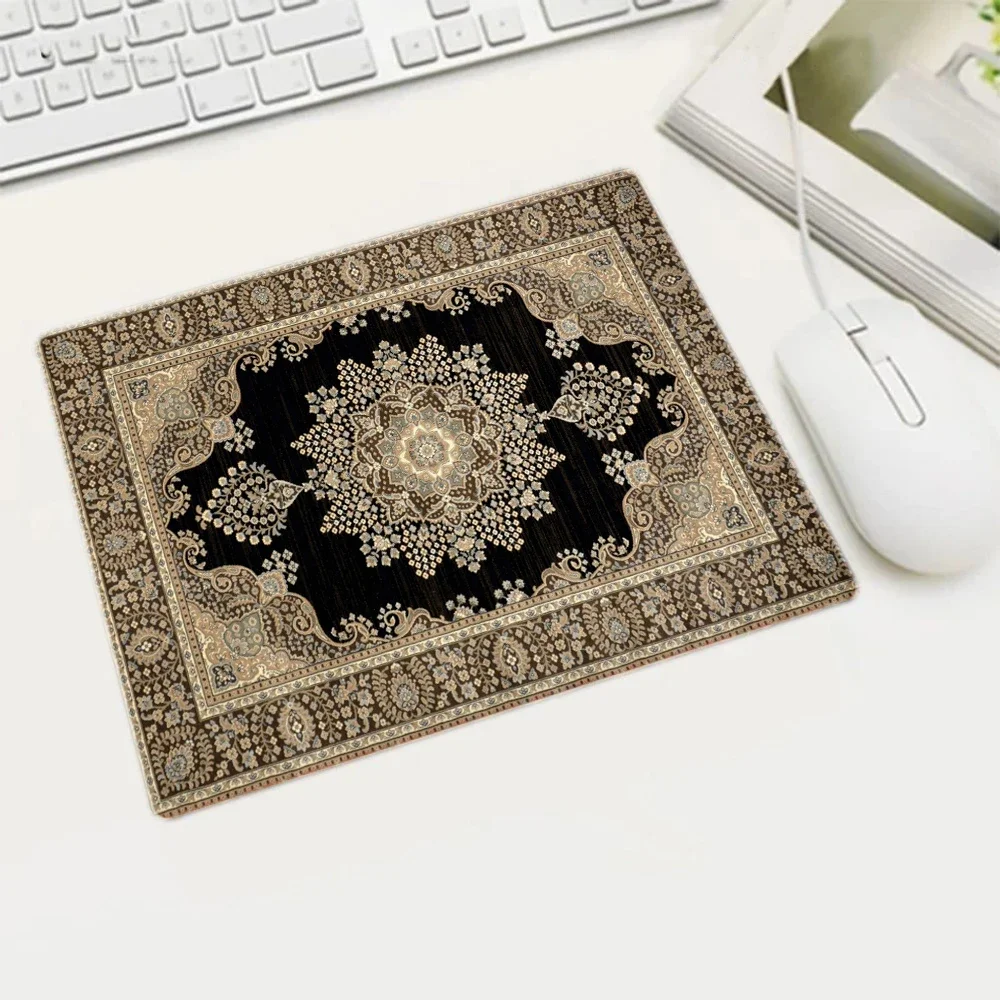 Mini Persian Woven Rug Mat Mousepad Retro Style Carpet Pattern Cup Laptop PC Mouse Pad With Fring Home Office Table Anti-slip: XS / ocean blue