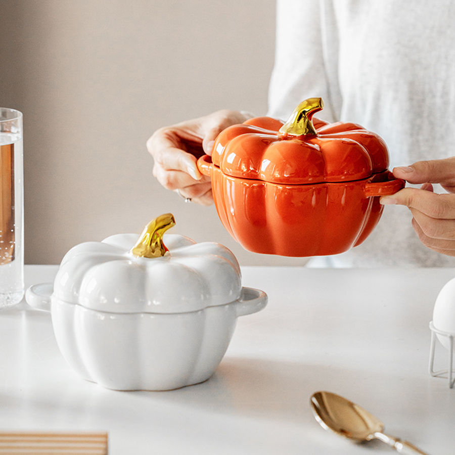 Pumpkin Ceramic Bowl with Lid 15oz Pumpkin Soup Bowl with Handle Pumpkin Decor Storage Jar for Home Thanksgiving Halloween Party