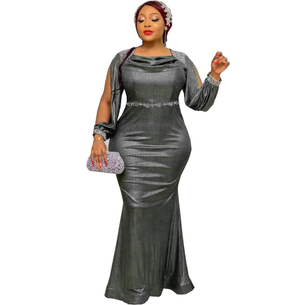 Robe africaine longue pour femmes, nouvelle printemps automne Dashiki Style africain, couleur unie, riche Bazin Dashiki, robes Maxi, 2022: GRAY / L