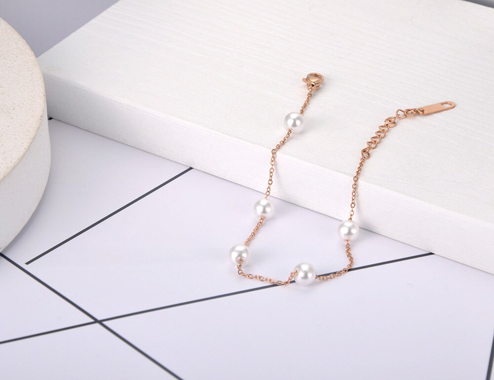 Lokaer Titanium Rvs 5Pcs White Pearl Charm Armbanden Voor Vrouwen Bohemen Zomer Strand Ketting Armband Sieraden B20081