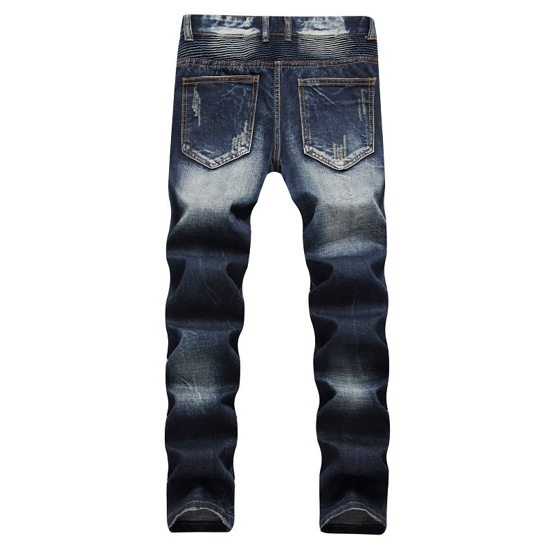 Sokotoo mannen donkerblauw ritsen geplooide biker jeans voor moto Slim fit straight denim broek
