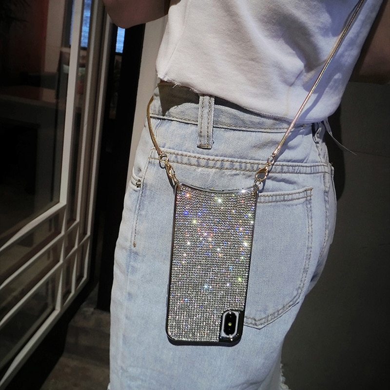 Bling Glitter Strass Diamant Crossbody Fall Für iPhone XS MAX XR 8 7 Plus 11 12 Pro Abdeckung Frauen Mit lange Strap Metall Kette