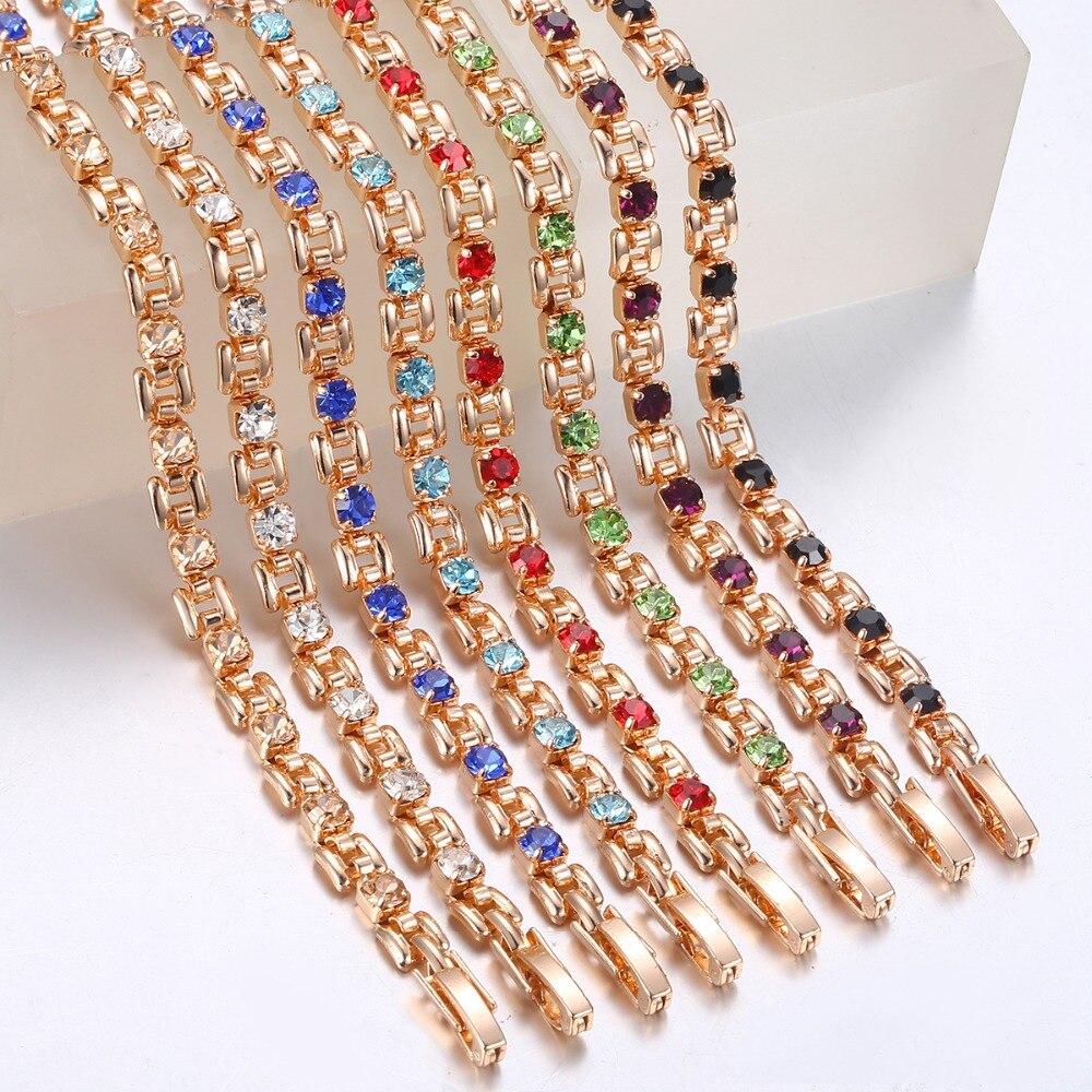 8 Color Cubic Zircon Bracelets For Women 585 Rose Gold Square Link Wristband Girlfriend Wife Women's Jewelry 20.6cm GBM101