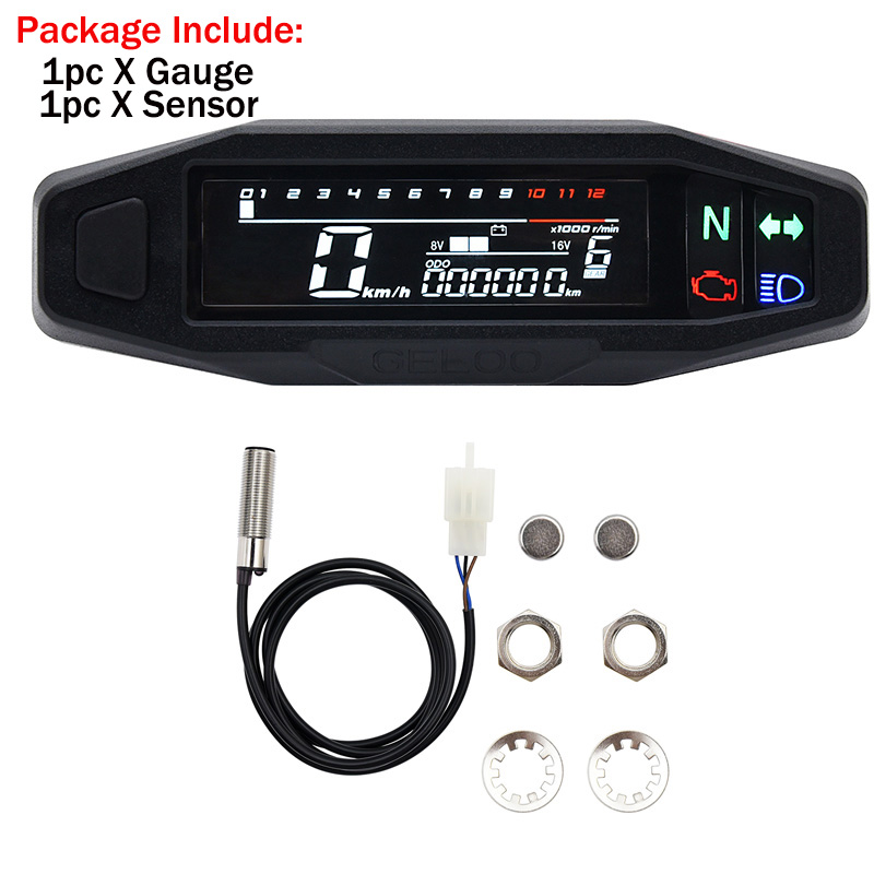 Universal Moto Rpm Toerenteller Snelheidsmeter Speed Gauge Tacho Meter Digitale Kilometerteller Instrument Sensor Set Voor Motorfiets: with sensor