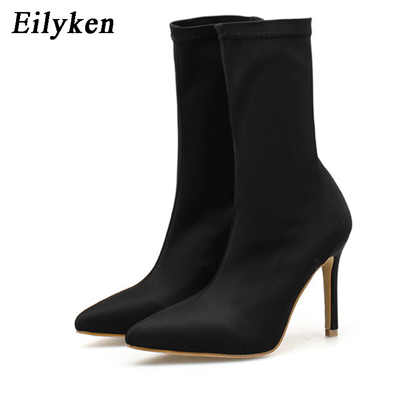 Eilyken kvinnor stövlar stretch tyg mid-calf boots spetsig tå kvinnor booties kvinnor skor vår höst: Svart / 35