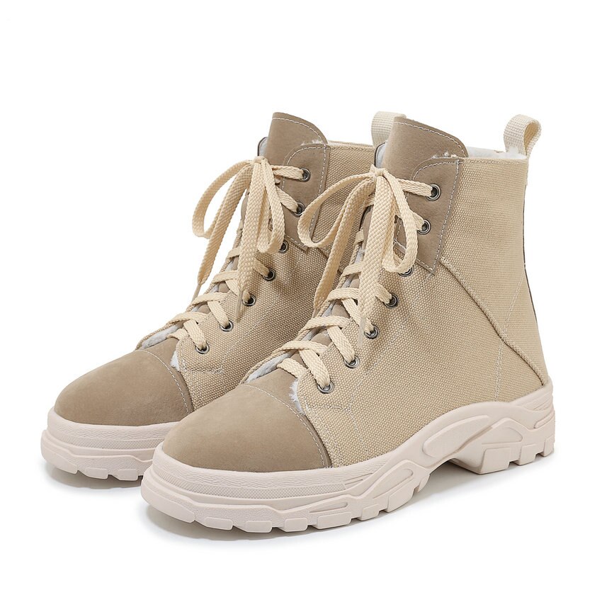 Qutaa scrubdoek casual damesschoenen herfst winter platform veterschoenen ronde neus wighak damesschoenen maat 34-43: Beige / 6