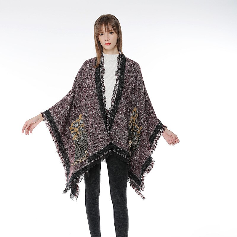 Vinter kvinder kashmir tørklæde med lomme pashmina sjal damer leopard print poncho wrap tæppe tørklæder kvast foulard: 3