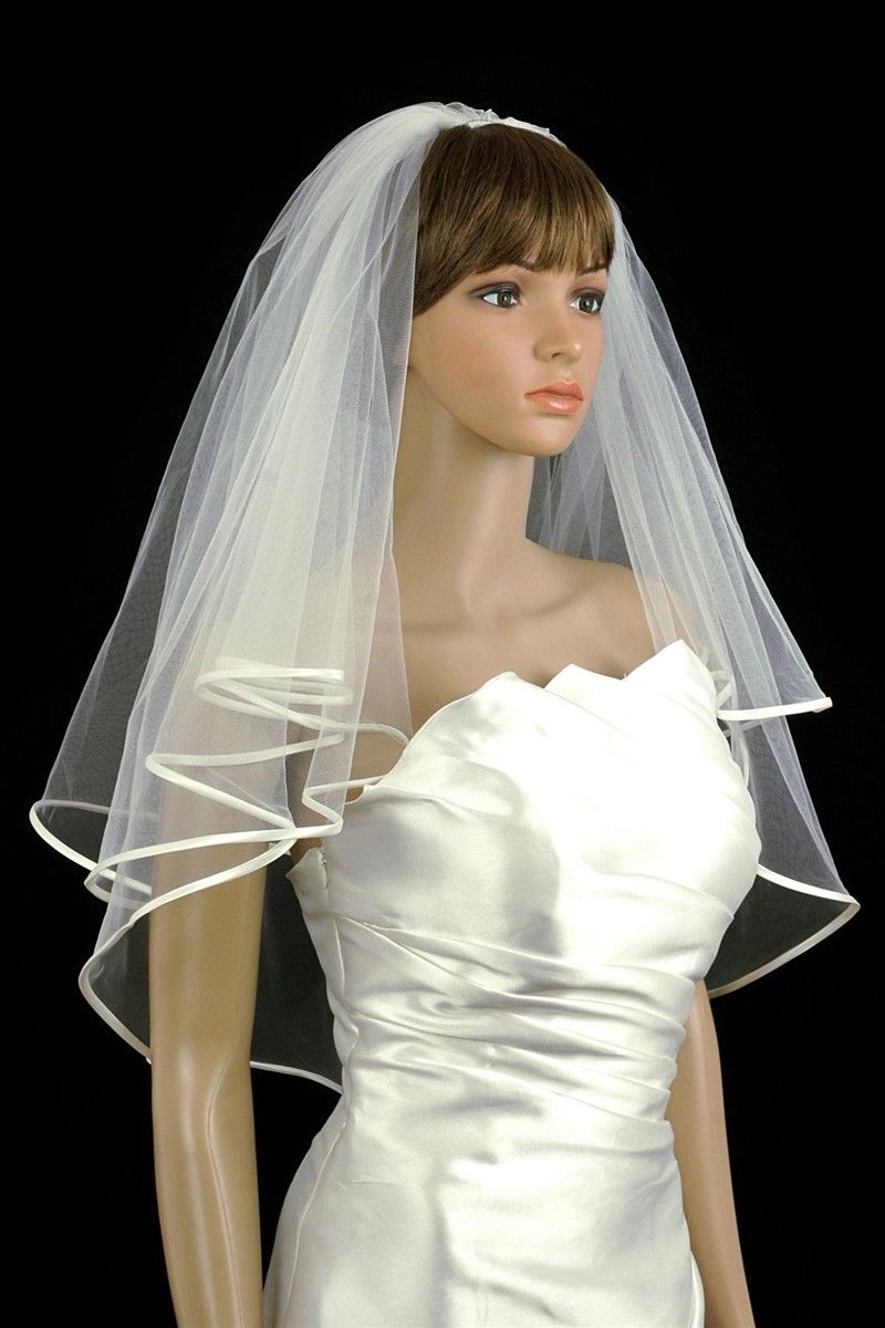 2 Layer Wedding Veil Elbow Length Bridal Veil Ribbon Edge Veil