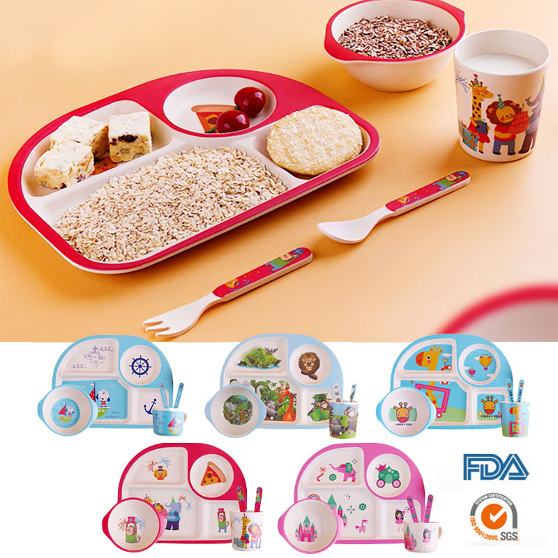 Baby Bamboe Voerbak Bpa Gratis Gerechten Vork Lepel Cup 5Pcs Serviesje Fad Kinderen Servies Kids Scheiding Voeden plaat