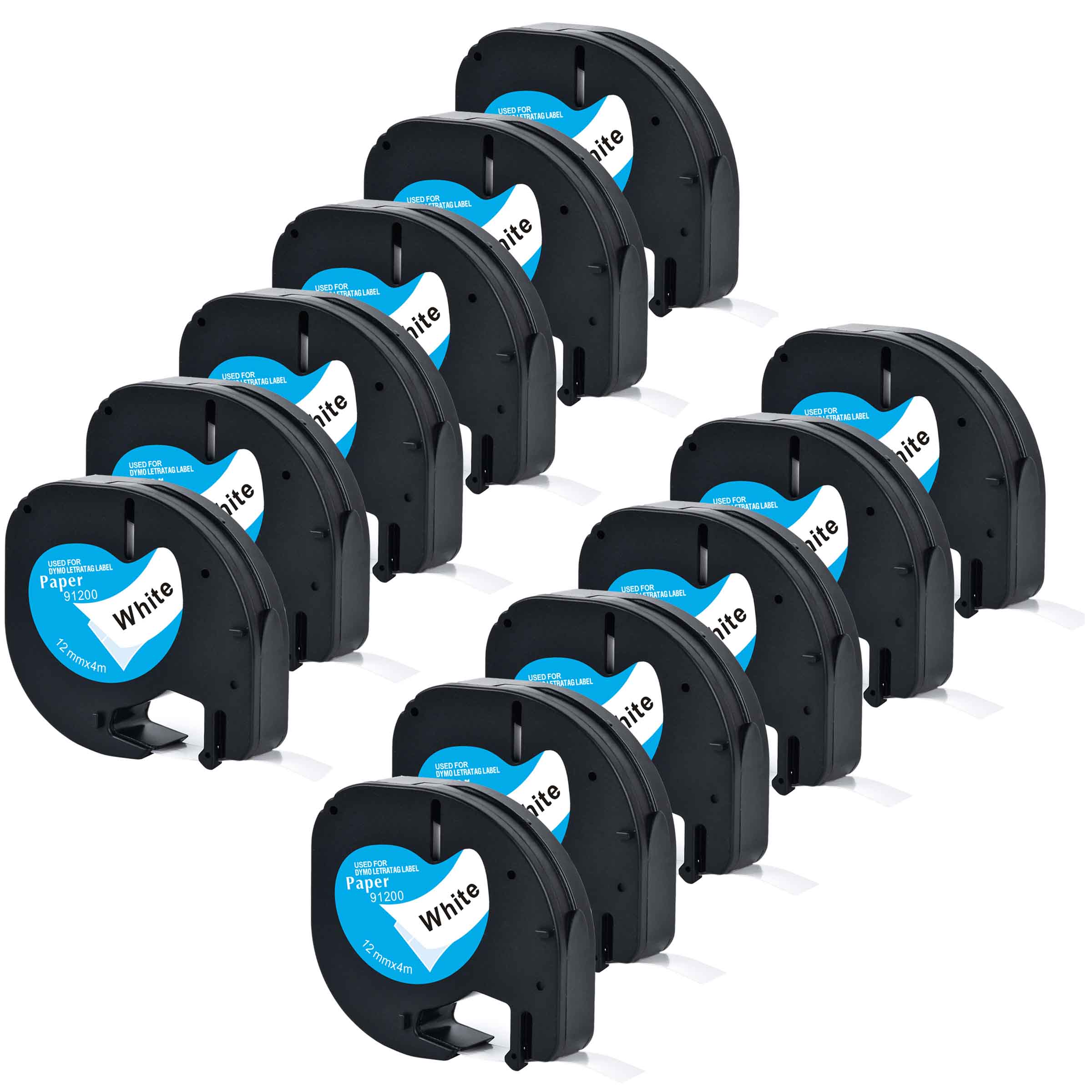 12Pcs Label Tape - 12mm - Plastic & Paper - For Dymo Letratag LT-100H Label Maker: Paper White