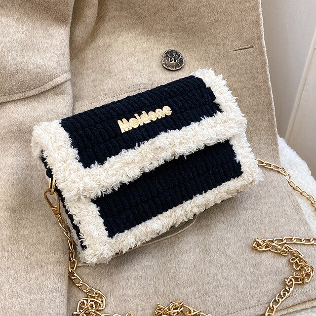 Bolsa de tejido artesanal moderna, bolso de lana de tela de malla, hecho a mano, con gancho de pestillo, bolso de hombro práctico, accesorios: Black