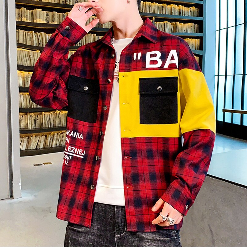 8xl 6xl 5xl 4xl høst menn langermet skjorte rutete tegneserietrykk menn streetwear skjorte uformelt Plus størrelse løse skjorter