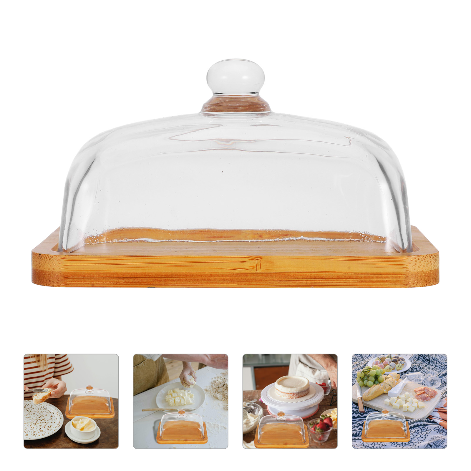 Rektangulær smørskål i tre med glasslokk og ostekuppel, cupcake-tallerken, mini kakestativ med kuppel, kjøkkenservisesett, klart brett